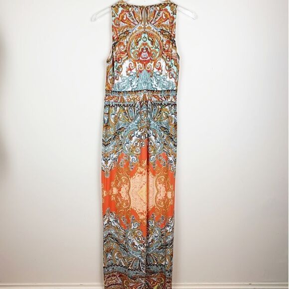 Donna Morgan Orange Print Sleeveless Boho Scarf Print Maxi Dress 6 - Picture 12 of 16